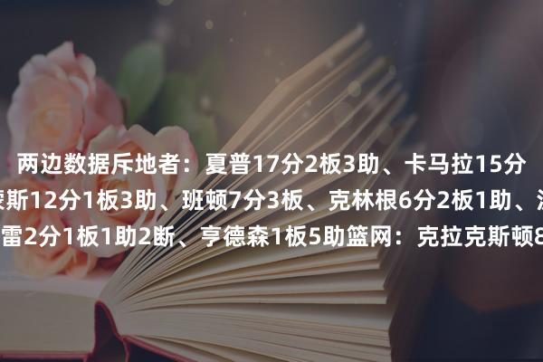 两边数据斥地者：夏普17分2板3助、卡马拉15分1板3助、安芬尼-西蒙斯12分1板3助、班顿7分3板、克林根6分2板1助、沃克5分3板1助、穆雷2分1板1助2断、亨德森1板5助篮网：克拉克斯顿8分3板3助、托马斯8分1板、基翁-约翰逊7分2板、约翰逊6分2板4助、泰瑞斯-马丁5分2板、扎威5分1助、海斯4分1板、夏普2分4板1助、威尔逊2分2板1助、沃特福德2板、比克曼1板    欧洲买球体育信息