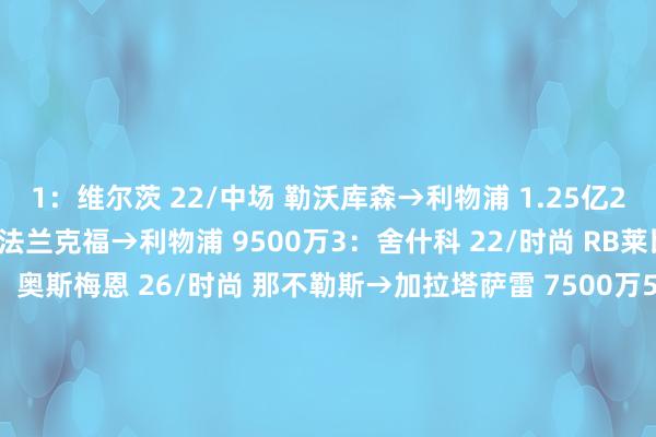 1：维尔茨 22/中场 勒沃库森→利物浦 1.25亿2：埃基蒂克 23/时尚 法兰克福→利物浦 9500万3：舍什科 22/时尚 RB莱比锡→曼联 7650万4：奥斯梅恩 26/时尚 那不勒斯→加拉塔萨雷 7500万5：姆伯莫 25/时尚 布伦特福德 →曼联 7500万6：库尼亚 26/时尚 狼队→曼联 7420万7：苏维门迪 26/中场 皇家社会→阿森纳 7000万8：迪亚斯 28/时尚 利物浦