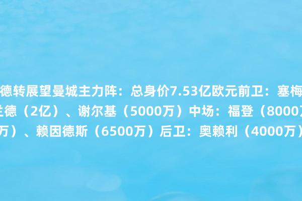 德转展望曼城主力阵：总身价7.53亿欧元前卫：塞梅尼奥（6500万）、哈兰德（2亿）、谢尔基（5000万）中场：福登（8000万）、罗德里（7500万）、赖因德斯（6500万）后卫：奥赖利（4000万）、鲁本·迪亚斯（6000万）、胡桑诺夫（3500万）、努内斯（3800万）门将：多纳鲁马（4500万）主施展：瓜迪奥拉    欧洲买球体育信息